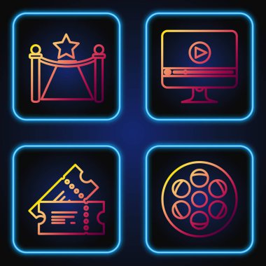 Set filmi makarası, sinema bileti, engelli halı, yıldız ve Online oyun videosu. Renk simgeleri. Vektör