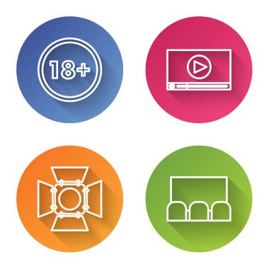 18 Yıl Altında Hat, Online oyun videosu, Spot Işıklar ve sinema salonu ekranları ve koltukları. Renkli daire düğmesi. Vektör