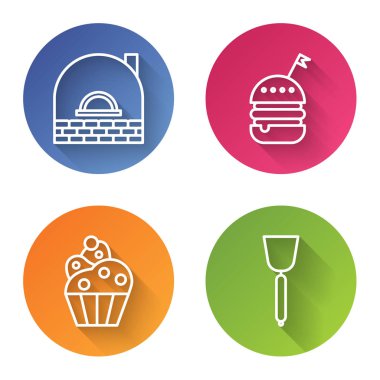 Brick sobası, Burger, Cupcake ve Spatula 'yı ayarla. Renkli daire düğmesi. Vektör