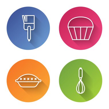 Sıra mutfak fırçası, Muffin, ev yapımı turta ve mutfak çırpısı. Renkli daire düğmesi. Vektör