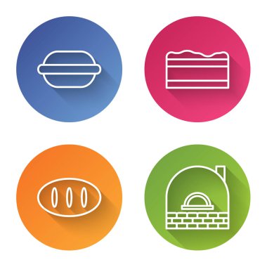 Set line Macaron cookie , Brownie chocolate cake , Bread loaf and Brick stove . Color circle button. Vector