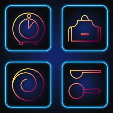 Çizgi ölçme kaşığı, tarçınlı çörek, mutfak zamanlayıcısı ve mutfak önlüğü. Renk simgeleri. Vektör