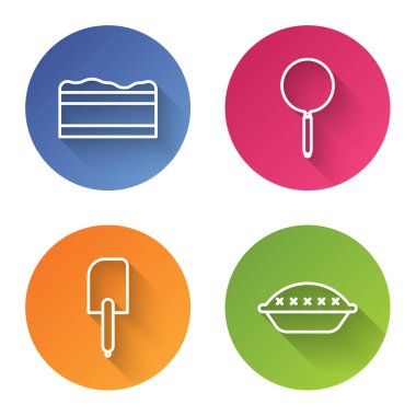 Sabit çizgi çikolatalı kek, kızartma tavası, spatula ve ev yapımı turta. Renkli daire düğmesi. Vektör