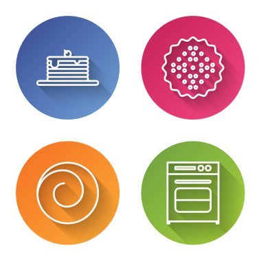 Sıra halinde krep, bisküvi, tarçınlı çörek ve fırın. Renkli daire düğmesi. Vektör