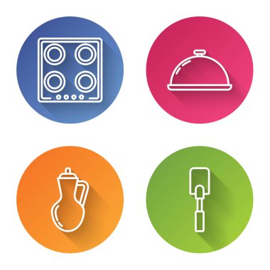 Bir tepsi yiyecek, bir şişe zeytinyağı ve Spatula ile kaplanmış halat hattı. Renkli daire düğmesi. Vektör