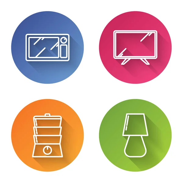 Set line Microwave oven , Smart Tv , Double boiler and Table lamp . Color circle button. Vector — 스톡 벡터