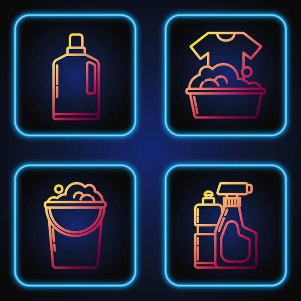 Set line Botellas de plástico para líquido líquido lavavajillas, Cubo con espuma y burbujas, Botellas de plástico para líquido lavavajillas y Lavabo de plástico con jabón suds. Iconos de color degradado. Vector — Vector de stock