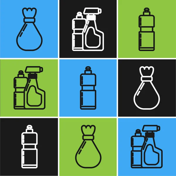 Set line Bolsa de basura, botellas de plástico para líquido líquido lavavajillas y botellas de plástico para líquido lavavajillas icono líquido. Vector — Vector de stock