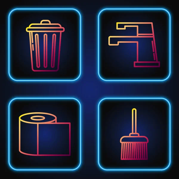 Set line Handle broom , Toilet paper roll , Trash can and Water tap . Gradient color icons. Vector — Stock Vector