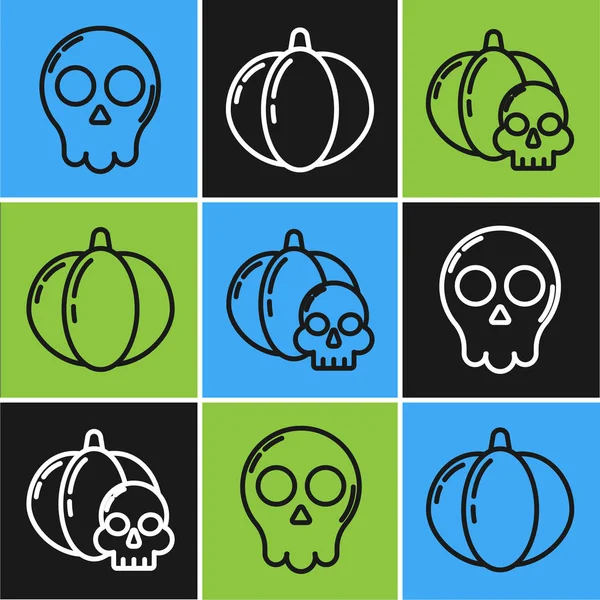 Set line Skull , Pumpkin and skull and Pumpkin icon. Vector — Stock Vector