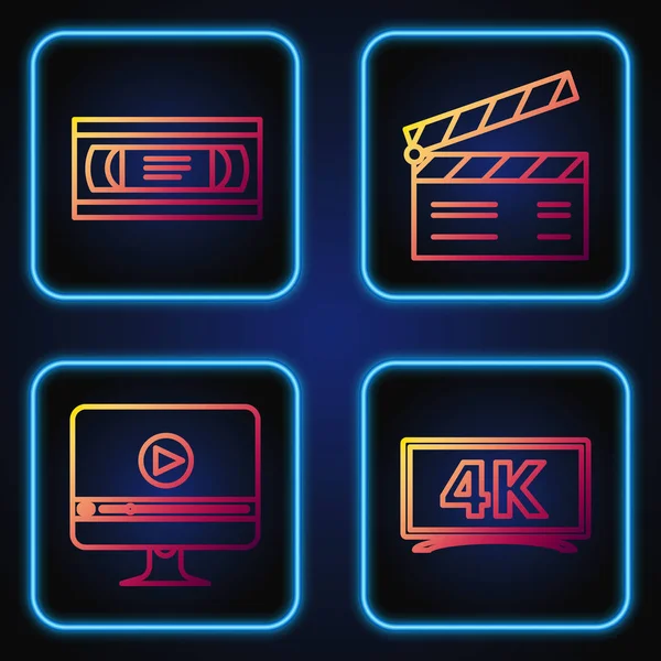 Nastavit linku Screen TV s 4k Ultra Hd video technologií, Online přehrávání videa, VHs videokazety a Movie clapper. Barevné ikony přechodu. Vektor — Stockový vektor