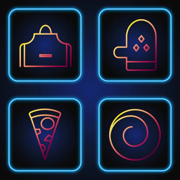 Set line Rollo bollo con canela, rebanada de pizza, delantal de cocina y guante Horno. Iconos de color degradado. Vector — Vector de stock
