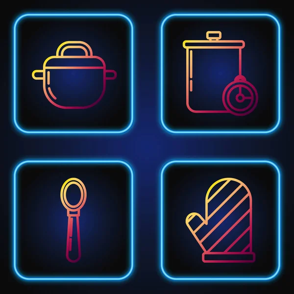 Definir linha Luva do forno, colher, panela de cozinha e panela de cozinha e temporizador de cozinha. Ícones de cores gradientes. Vetor — Vetor de Stock
