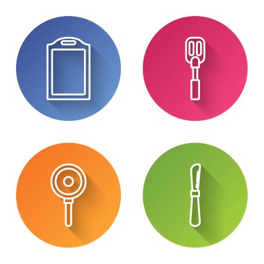 Halat kesme tahtası, Spatula, kızartma tavası ve bıçak. Renkli daire düğmesi. Vektör