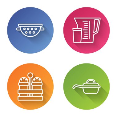 Sıra mutfak süzgeci, ölçü kabı, tuz ve biber ve kızartma tavası. Renkli daire düğmesi. Vektör