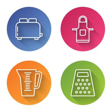 Ekmek kızartma makinesi, mutfak önlüğü, ölçü kabı ve rende. Renkli daire düğmesi. Vektör