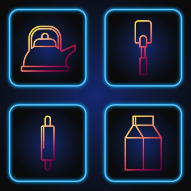 Süt, merdane, saplı kettle ve Spatula için kağıt paketi hazırlayın. Renk simgeleri. Vektör