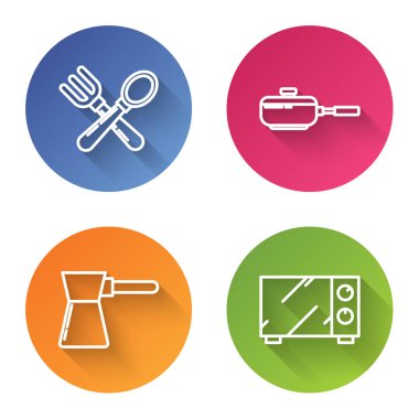 Set line Crossed fork and spoon , Frying pan , Coffee turk and Microwave oven . Color circle button. Vector