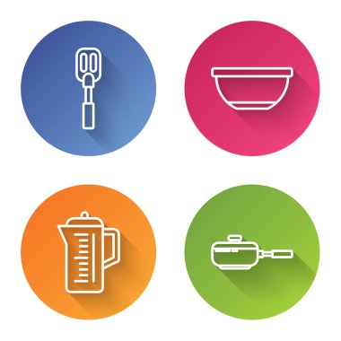 Çizgi Spatula, Bowl, Teapot ve Kızartma Tavası. Renkli daire düğmesi. Vektör
