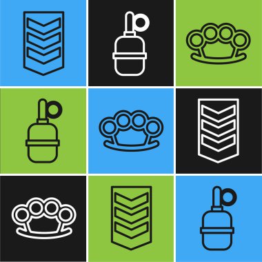 Askeri rütbe, pirinç muşta ve el bombası ikonu ayarlayın. Vektör