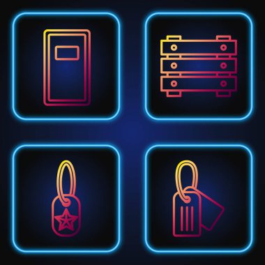 Askeri künye, askeri künye, polis saldırı kalkanı ve askeri mühimmat kutusu. Renk simgeleri. Vektör