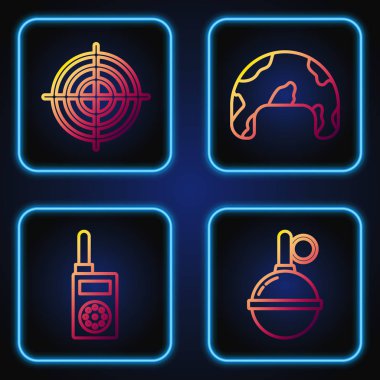 Hat el bombası, telsiz, atış müsabakası ve askeri miğfer için hedef sporu. Renk simgeleri. Vektör