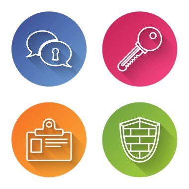 Kişisel verilerin, anahtarın, kimlik kartının ve siber güvenlik duvarı olan kalkanın korunmasını sağlayın. Renkli daire düğmesi. Vektör