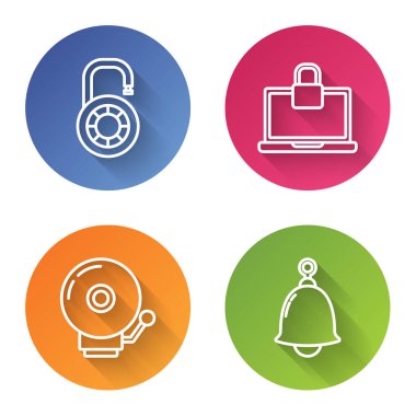 Hat güvenli kombinasyon tekerleği, dizüstü bilgisayar ve kilit, alarm zili ve zil. Renkli daire düğmesi. Vektör