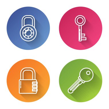Hat güvenli kombinasyon kilidi, anahtar, güvenli kilit ve anahtar. Renkli daire düğmesi. Vektör