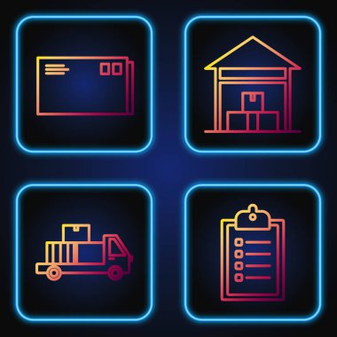 Dağıtım listesi panosunun tasdik edilmesi, karton kutularla teslimat kamyonu, Zarf ve Depo. Renk simgeleri. Vektör