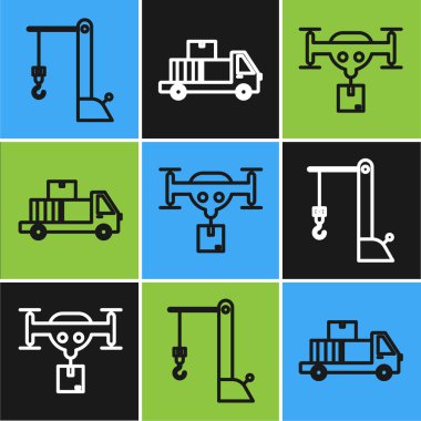 Hat Limanı vinci, paketli teslimat aracı ve karton kutu ikonlu teslimat kamyonu ayarlayın. Vektör