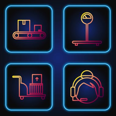 Hat destek operatörü, elektrikli el arabası ve kutular, karton kutulu konveyör bandı ve ölçek ayarlayın. Renk simgeleri. Vektör