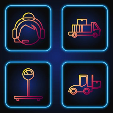 Forklift kamyonu, ölçek, destek operatörü karton kutularla temas ve teslimat kamyonu ayarlayın. Renk simgeleri. Vektör