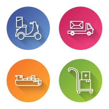 Scooter teslimatı, posta kamyonu, kutu teslimatı, el arabası ve kutuları olan kargo gemisi. Renkli daire düğmesi. Vektör