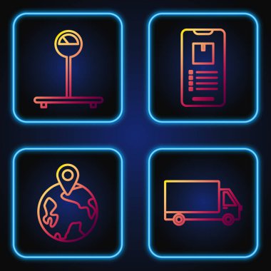 Hattı kurun, kargo kamyonu aracı, dünya çapında, Pul ve cep telefonu ve uygulama teslimat takibi. Renk simgeleri. Vektör