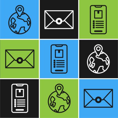 Hat dünya çapında, uygulama dağıtım takibi ve Envelope simgesi ile cep telefonu ayarla. Vektör