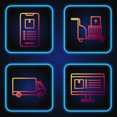 Uygulama teslimat takibi, teslimat kamyonu, mobil telefon, uygulama teslimat takibi, elektrikli el arabası ve kutular ile bilgisayar monitörünü ayarla. Renk simgeleri. Vektör