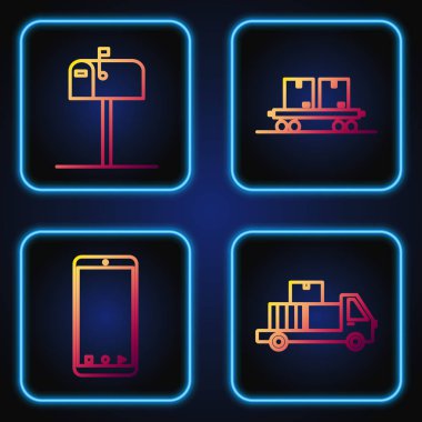 Hat teslimat kamyonunu karton kutularla, cep telefonunu uygulama dağıtım takibi, açık posta kutusu ve tren vagonu ile ayarla. Renk simgeleri. Vektör