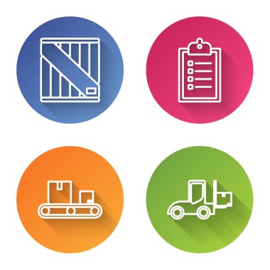 Ahşap kutu, teslimat listesi panosu onayı, karton kutulu konveyör kayışı ve forklift kamyonu ayarla. Renkli daire düğmesi. Vektör