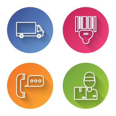 Hattı kurun kargo kamyonu aracı, tarayıcı barkodu tarıyor, konuşma balonu sohbetli telefon ve karton kutulu teslimatçı. Renkli daire düğmesi. Vektör