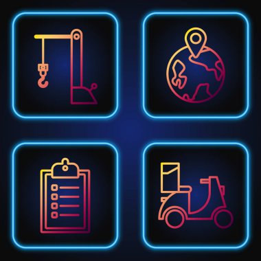 Scooter teslimatı, teslimat listesi panosu, liman vinci ve dünya çapında doğrulama ayarlayın. Renk simgeleri. Vektör