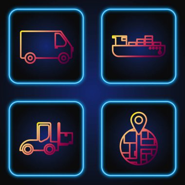 Çizgi tutucuyu harita kağıdına, forklift kamyonuna, kargo kamyonu aracına ve kutu teslimatlı kargo gemisine göre ayarla. Renk simgeleri. Vektör