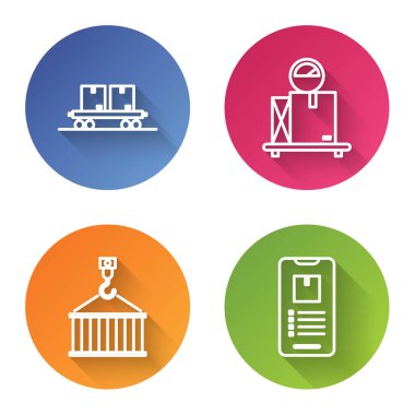 Set line Railway carriage , Scale with cardboard box , Container on crane and Mobile phone with app delivery tracking . Color circle button. Vector