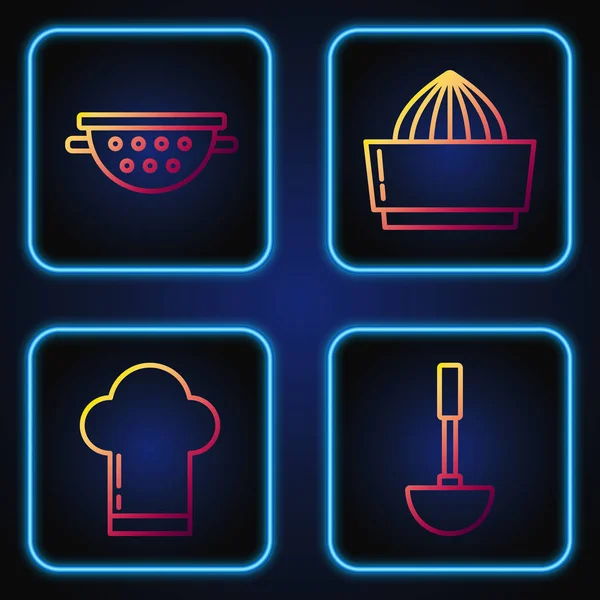 Set line Kitchen ladle , Chef hat , Kitchen colander and Citrus fruit juicer . Gradient color icons. Vector — Stock Vector