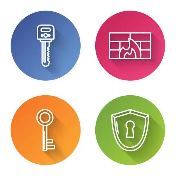 Set line Key , Firewall, security wall , Key and Shield with keyhole . Color circle button. Vector — 스톡 벡터