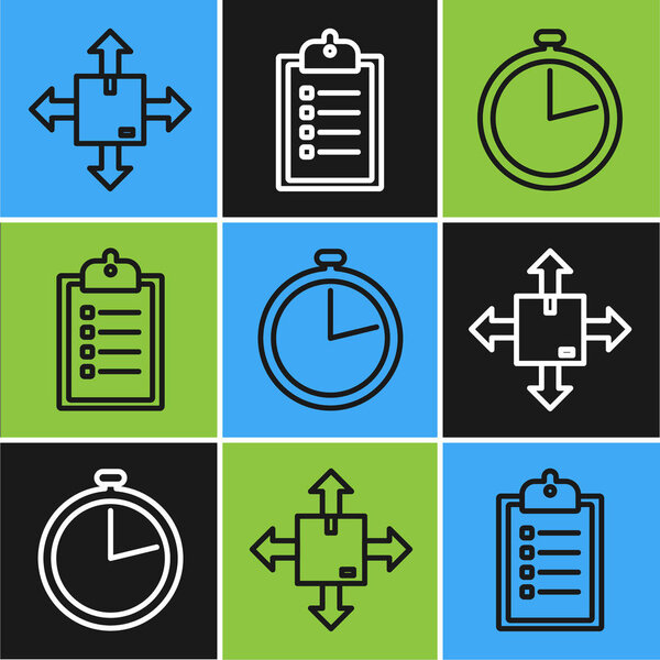 Set line Cardboard box with traffic symbol, Stopwatch and Verification of delivery list clipboard icon. Vector