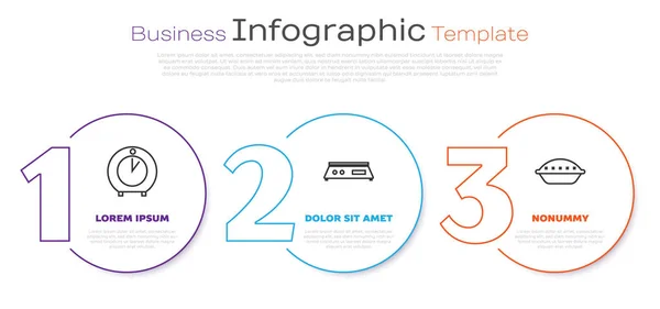 Definir linha Temporizador de cozinha, Balanças eletrônicas e torta caseira. Modelo de infográfico de negócios. Vetor — Vetor de Stock