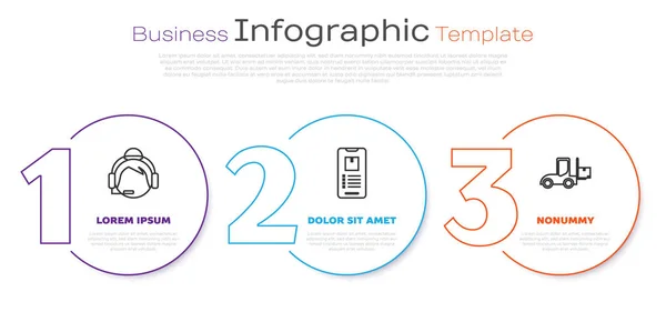 Bağlantı halindeki destek operatörünü, uygulama dağıtım takibi ve forklift kamyonuyla cep telefonunu ayarla. Ticari bilgi şablonu. Vektör