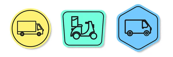 Set line Delivery cargo truck vehicle , Scooter delivery and Delivery cargo truck vehicle . Colored shapes. Vector — Stock Vector