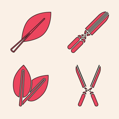 Bahçıvanlık el yapımı makasları budamak için Yaprak, Bahçe yapımı el yapımı makas ve Yaprak simgesini ayarlayın. Vektör